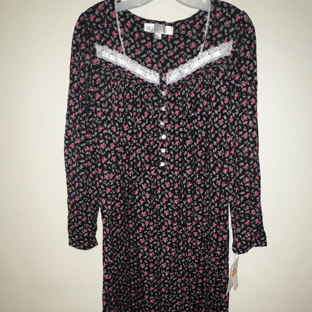 Eileen with small long maxi black robe with roses